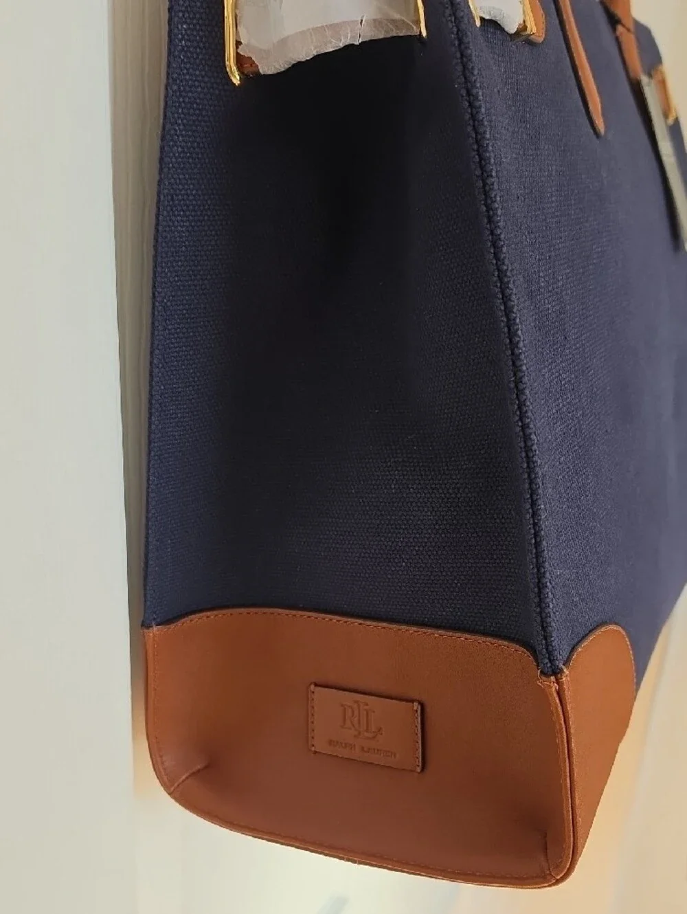 Lauren Ralph Lauren Navy Canvas Tote with Brown Leather Trim & Handles